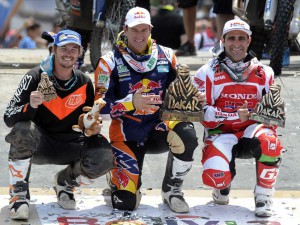 Marc Coma, Paul Goncalves and Toby Price after the Dakar Rally